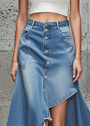 Handmade Light Blue Asymmetrical Design Button Denim Skirts Spring