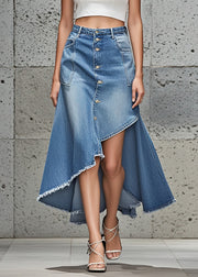 Handmade Light Blue Asymmetrical Design Button Denim Skirts Spring