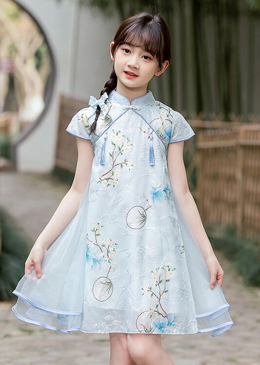 Handmade Light Blue Stand Collar Embroideried Button Tassel Tulle Patchwork Kids Maxi Dresses Short Sleeve