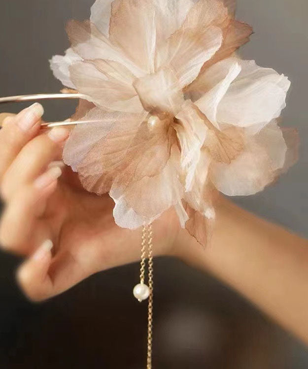 Handmade Light Brown Gradient Color Tulle Floral U Shaped Pearl Tassel Hairpin