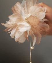 Handmade Light Brown Gradient Color Tulle Floral U Shaped Pearl Tassel Hairpin