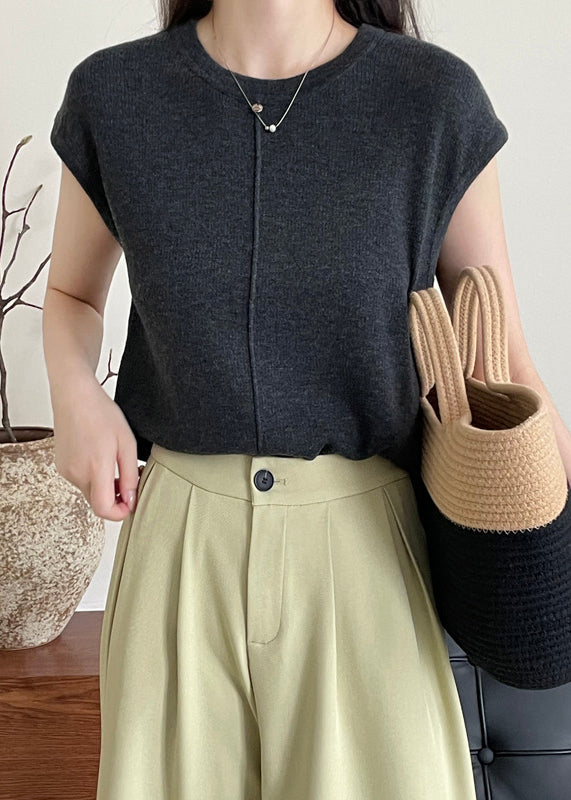 Handmade Light Camel O Neck Woolen Shirt Top Sleeveless