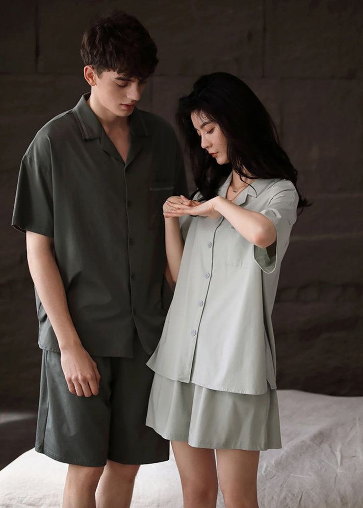 Handmade Light Green Peter Pan Collar Button Cotton Couple Pajamas Two Piece Set Summer