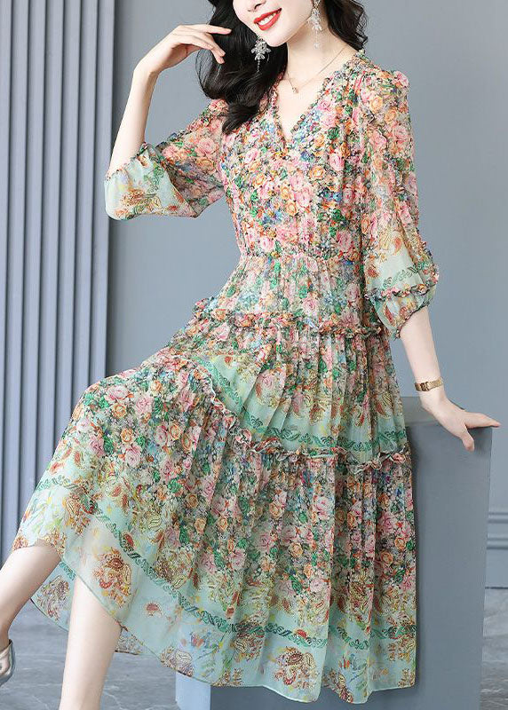 Handmade Light Green V Neck Ruffled Print Silk Dresses Summer