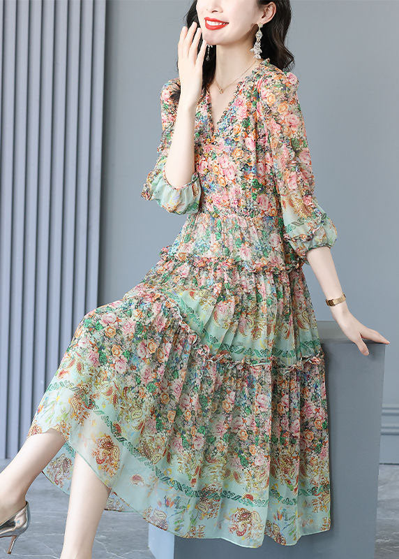 Handmade Light Green V Neck Ruffled Print Silk Dresses Summer