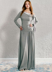 Handmade Light Grey Asymmetrical Patchwork Wrinkled Knit Long Dress Fall