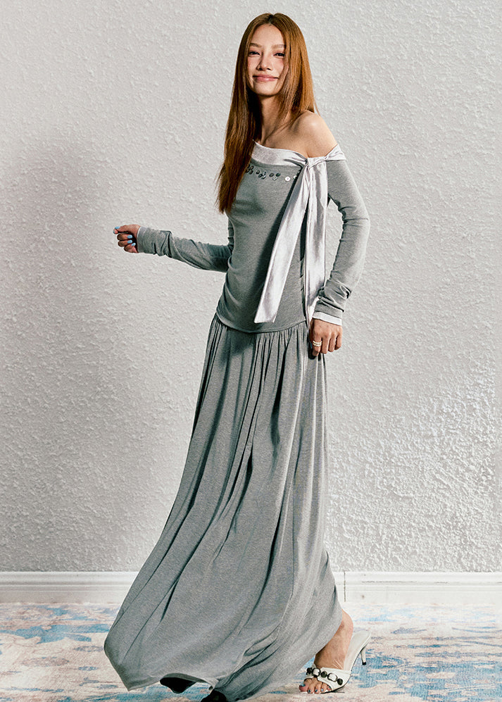 Handmade Light Grey Asymmetrical Patchwork Wrinkled Knit Long Dress Fall