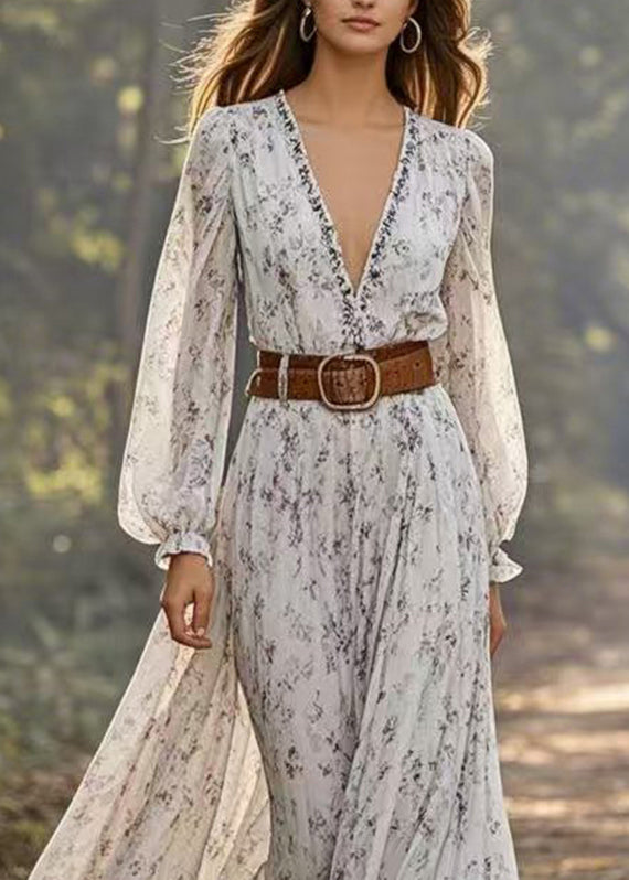 Handmade Light Grey Print Tunic Chiffon Maxi Dresses Spring