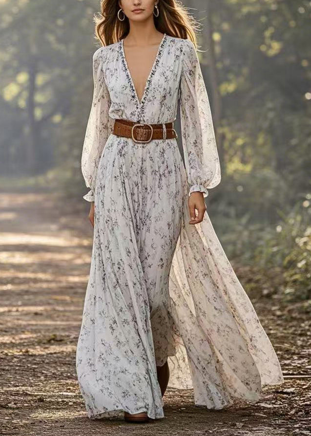 Handmade Light Grey Print Tunic Chiffon Maxi Dresses Spring