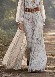 Handmade Light Grey Print Tunic Chiffon Maxi Dresses Spring