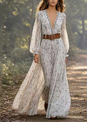 Handmade Light Grey Print Tunic Chiffon Maxi Dresses Spring