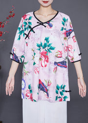 Handmade Light Purple Chinese Button Print Chiffon Blouses Half Sleeve