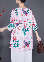 Handmade Light Purple Chinese Button Print Chiffon Blouses Half Sleeve