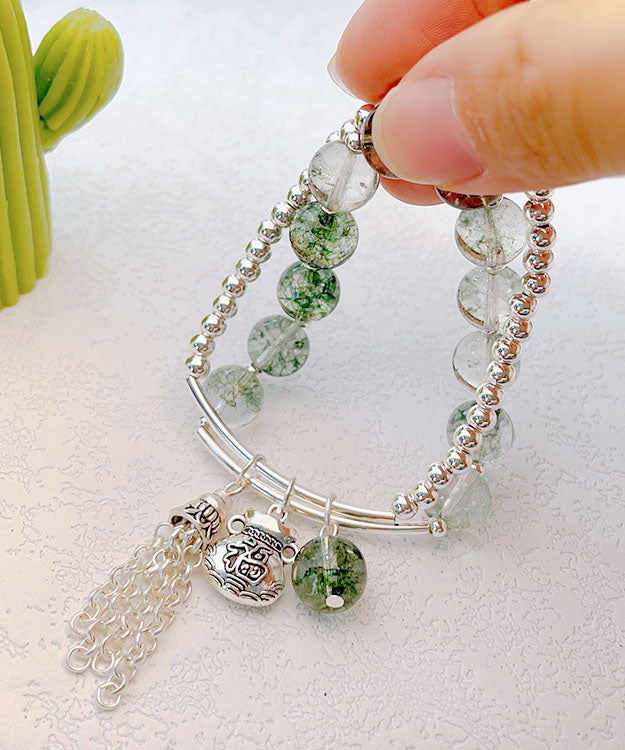 Handmade Little Green Sterling Silver Crystal Bilayer Beading Tassel Charm Bracelet