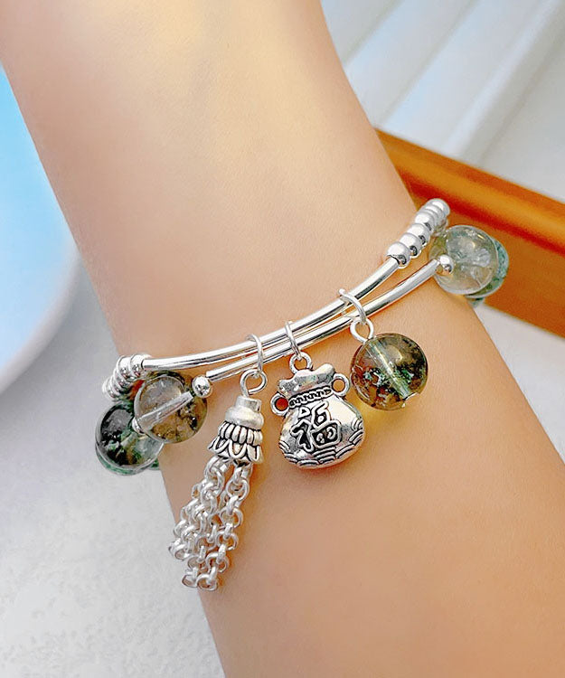 Handmade Little Green Sterling Silver Crystal Bilayer Beading Tassel Charm Bracelet