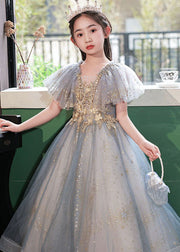 Handmade Little Grey V Neck Sequins Patchwork Tulle Girls Maxi Dress Summer