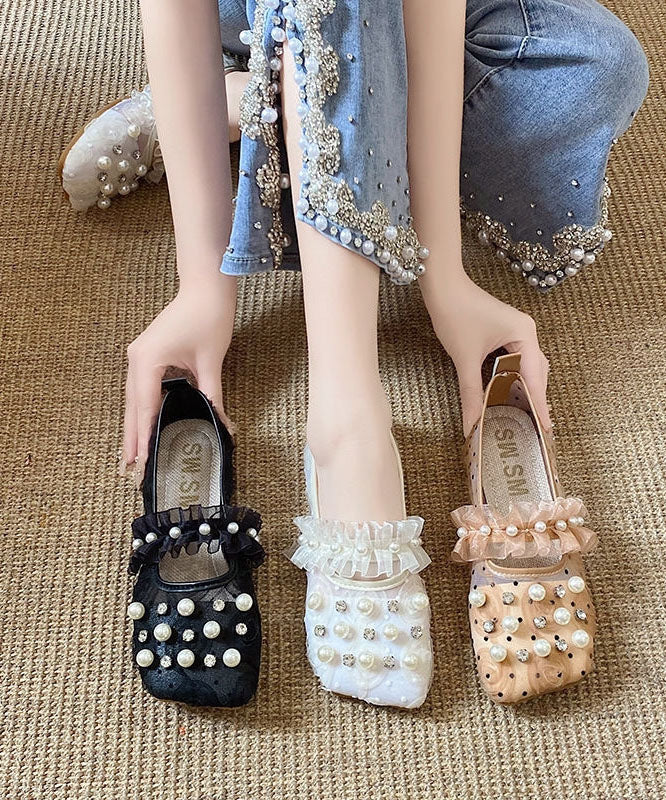 Handmade Loafer Shoes Splicing Tulle Khaki Ruffles Nail Bead Zircon