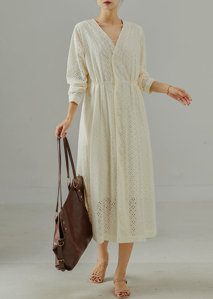 Handmade Milk White Hollow Out Cotton Cinched Dresses Fall