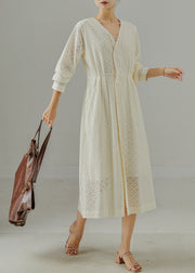 Handmade Milk White Hollow Out Cotton Cinched Dresses Fall