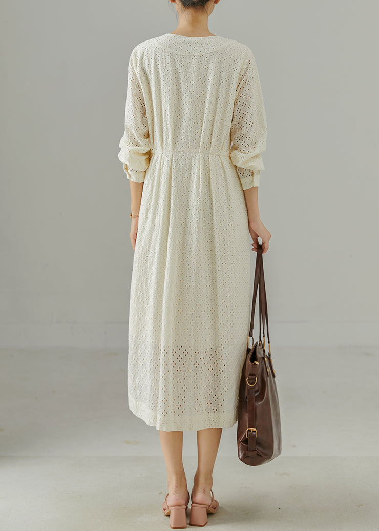 Handmade Milk White Hollow Out Cotton Cinched Dresses Fall