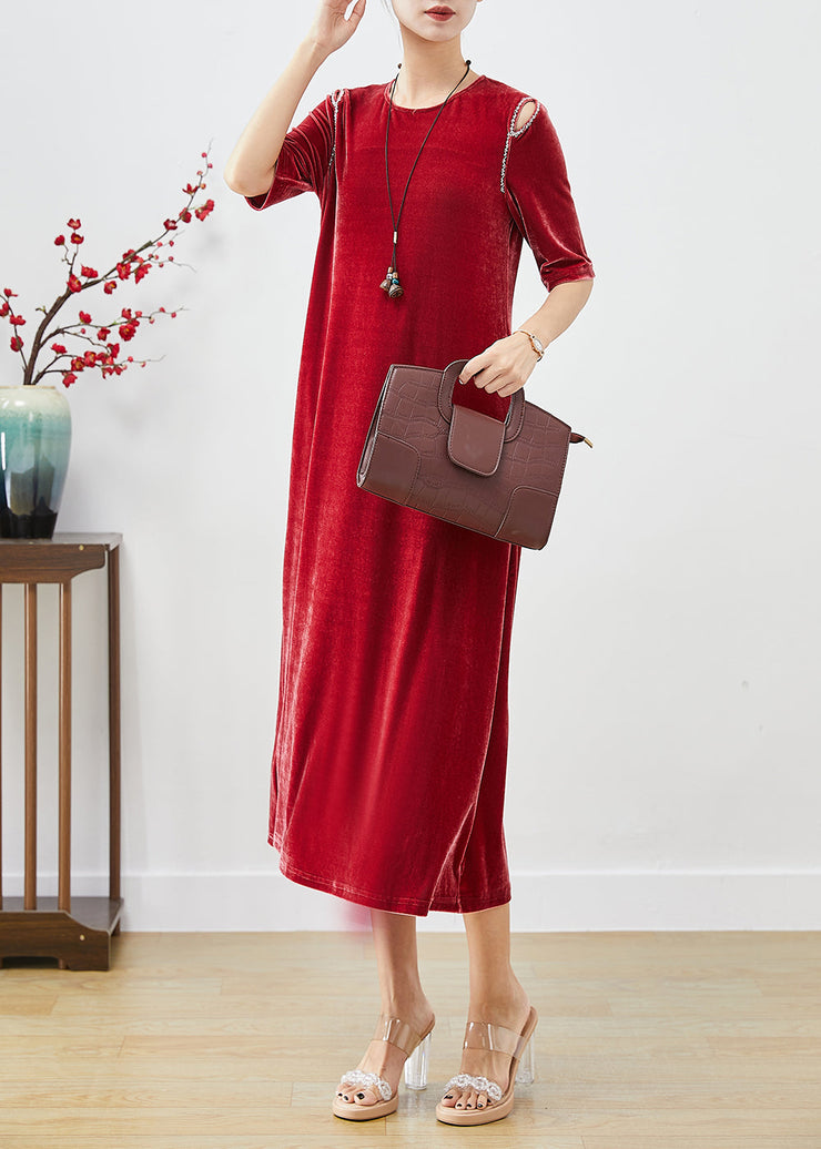 Handmade Mulberry Cold Shoulder Silk Velour Long Dress Fall