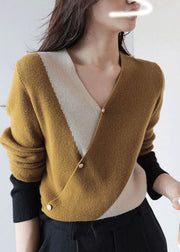 Handmade Mustard Yellow V Neck Patchwork Thick Cashmere Knit Sweaters Long Sleeve