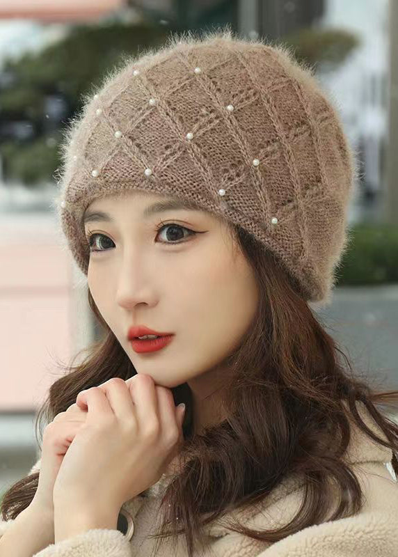 Handmade Nail Bead Patchwork Beige Knit Bonnie Hat