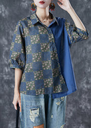 Handmade Navy Asymmetrical Patchwork Linen Top Half Sleeve