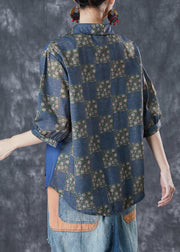 Handmade Navy Asymmetrical Patchwork Linen Top Half Sleeve