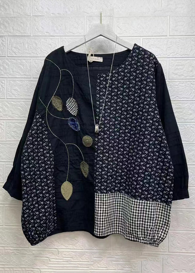 Handmade Navy Asymmetrical Print Patchwork Cotton Top Fall