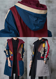 Handmade Navy Hooded Patchwork Pockets Fine Cotton Filled Coats Winter