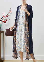 Handmade Navy Oversized Patchwork Chiffon Cardigans Fall