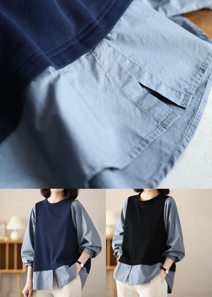 Handmade Navy Oversized Patchwork Cotton Shirts Spring