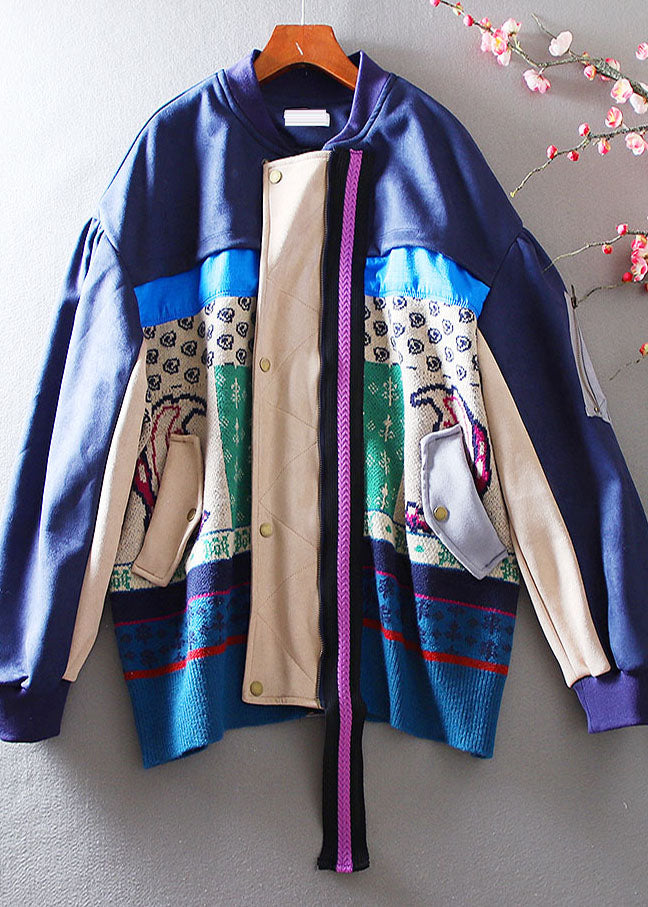 Handmade Navy Oversized Patchwork Cotton Sweatshirt Jacket Spring