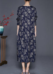 Handmade Navy Oversized Print Cotton Maxi Dresses Fall