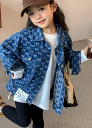 Handmade Navy Peter Pan Collar Print Kids Denim Coat Fall