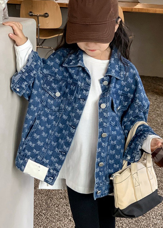 Handmade Navy Peter Pan Collar Print Kids Denim Coat Fall