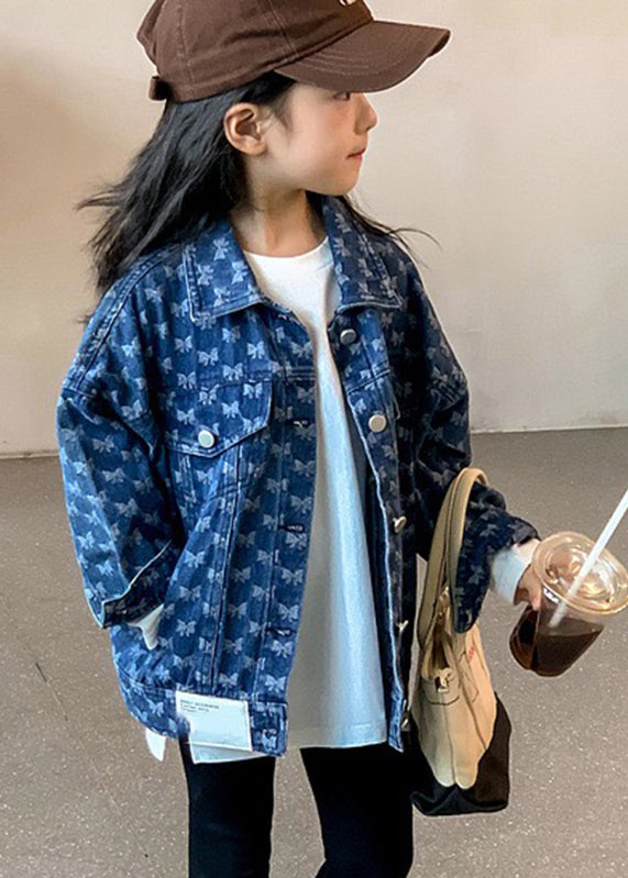 Handmade Navy Peter Pan Collar Print Kids Denim Coat Fall