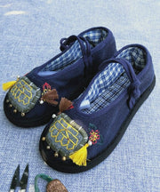 Handmade Navy Tassel Splicing Women Cotton Fabric Flat Feet Shoes