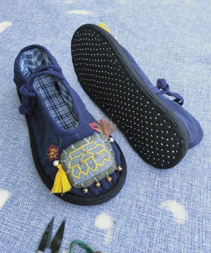 Handmade Navy Tassel Splicing Women Cotton Fabric Flat Feet Shoes