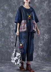 Handmade Navy Tiger Embroideried Patchwork Pockets Linen Two Piece Set Summer