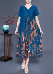 Handmade Navy V Neck Wrinkled Print Silk Vaction Dress Summer