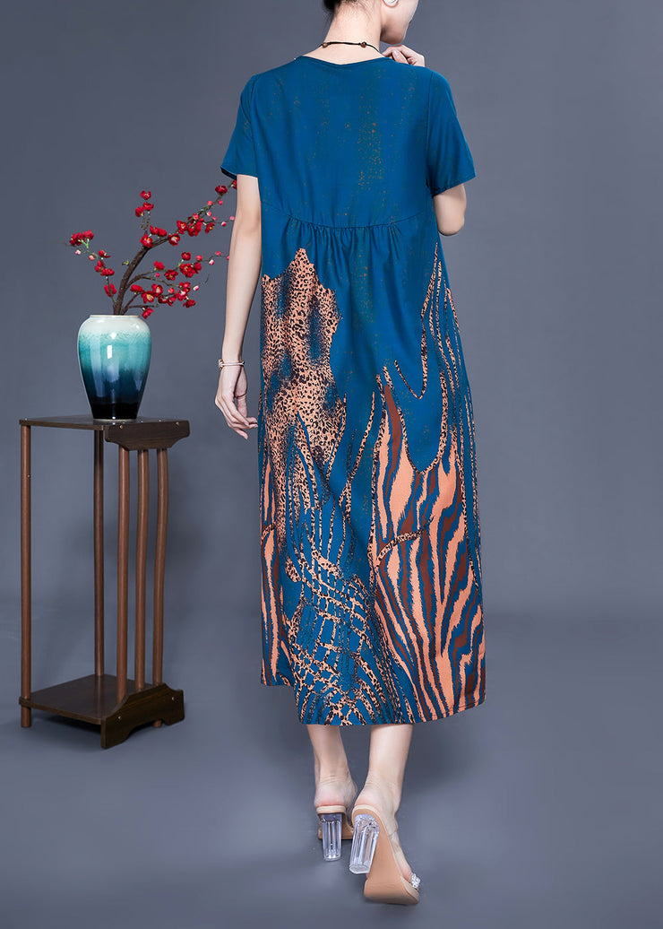 Handmade Navy V Neck Wrinkled Print Silk Vaction Dress Summer