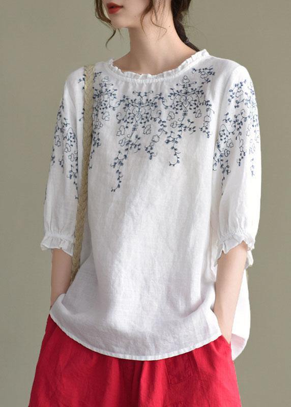 Handmade Navy lantern Sleeve O-Neck Embroideried Summer Ramie Blouses - SooLinen