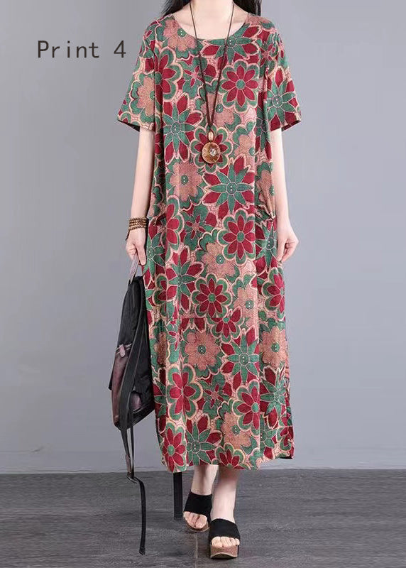 Handmade O Neck Print Patchwork Cotton Long Dress Summer