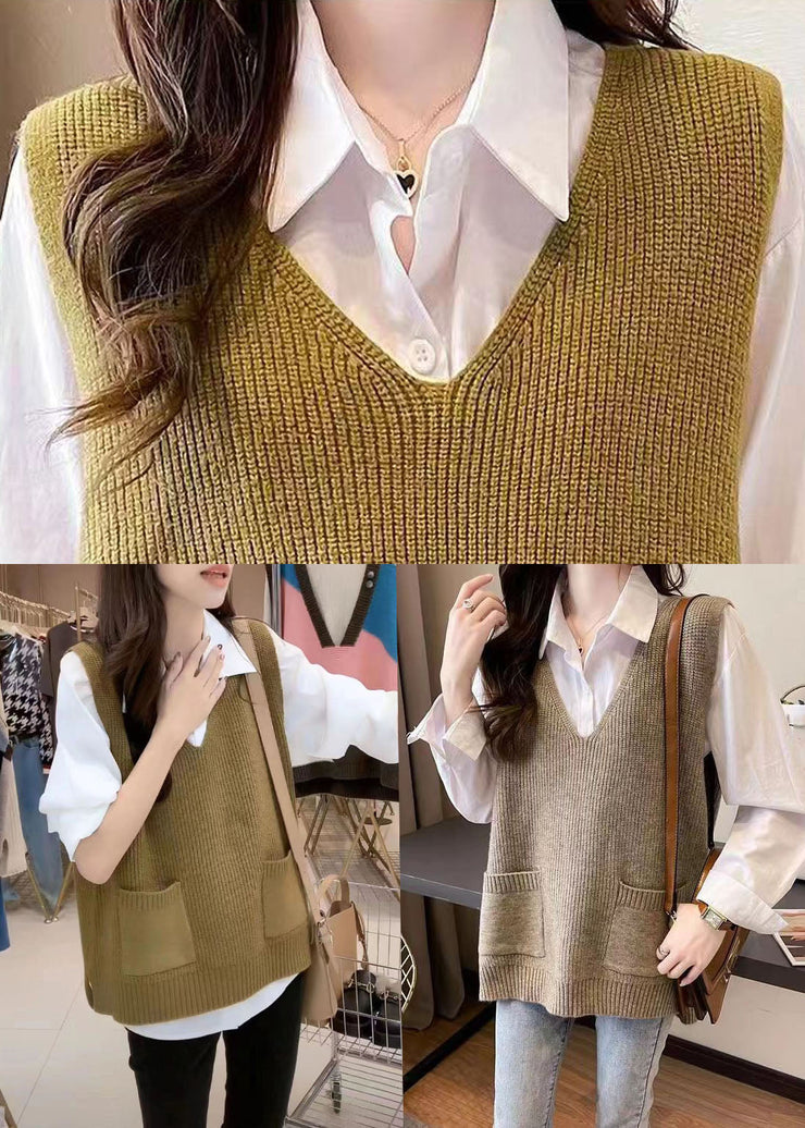 Handmade Olive V Neck Thick Knit Waistcoat Fall