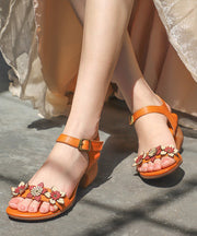 Handmade Orange Chunky Cowhide Leather Flower Peep Toe Sandals