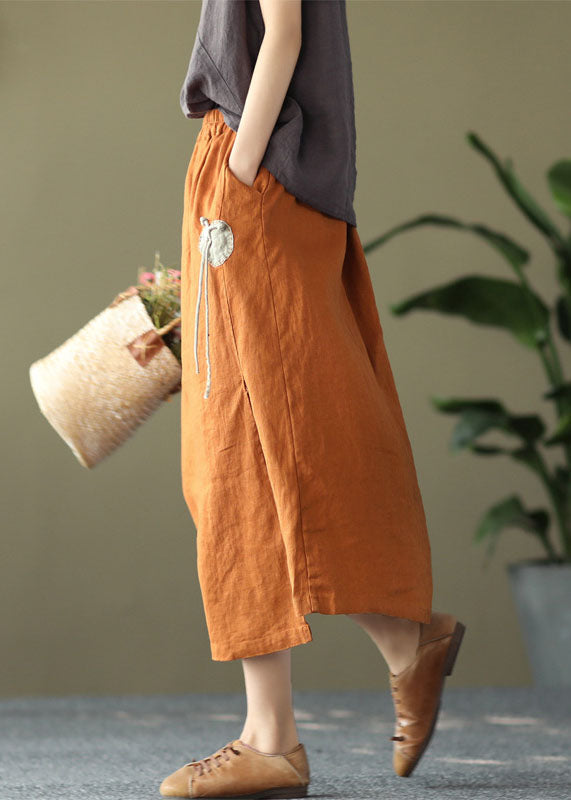 Handmade Orange Elastic Waist Oriental Button Linen Skirts Summer