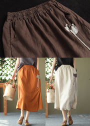 Handmade Orange Elastic Waist Oriental Button Linen Skirts Summer