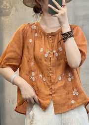 Handmade Orange Embroidered Button Linen Blouses Summer